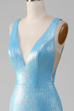 Vestido de fiesta de sirena con escote en V azul brillante