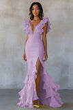 Vestido formal amarillo con volantes de sirena con escote en V y abertura