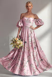 Vestido largo de dama de honor rosa sin tirantes sin tirantes con mangas abullonadas