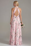 Vestido largo largo de dama de honor rosa con escote en A y cuello halter