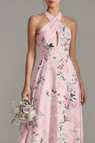 Vestido largo largo de dama de honor rosa con escote en A y cuello halter