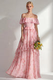 Vestido largo de dama de honor largo de gasa con volantes en línea A-line rosa amarillo rosado