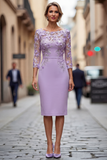 Vestido de madre de la novia con escote bateau azul claro con escote tipo bodycon aplicado y mangas 3/4