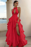 Vestido formal largo blanco con volantes halter de línea A con abertura alta
