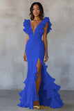 Vestido formal amarillo con volantes de sirena con escote en V y abertura