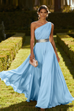 Vestido Maxi de Achiffon de Línea Oliva de un solo hombro