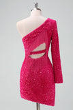 Vestido de fiesta corto ajustado con un hombro al descubierto y lentejuelas brillantes en color fucsia con flecos