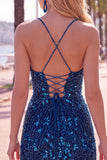 Vestido corto azul de bienvenida con tirantes finos Bodycon brillante y lentejuelas, vestido corto azul de bienvenida con borla
