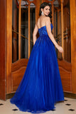 Vestido de fiesta largo con cuentas de novia azul real de una línea con accesorios