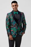 Chal de jacquard verde solapa Blazer de fiesta para hombre con un botón