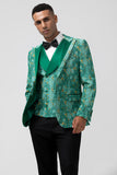 Solapa de pico verde 3 piezas Jacquard Un botón Trajes de fiesta para hombre