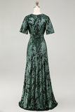 Vestido de fiesta largo de terciopelo quemado verde oscuro con mangas cortas