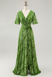 Vestido de fiesta largo de terciopelo quemado verde oscuro con mangas cortas