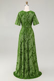 Vestido de fiesta largo de terciopelo quemado verde oscuro con mangas cortas