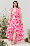 Plus Size High Low Pink Flower Printed Bridesmaid Dress con volantes