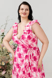 Plus Size High Low Pink Flower Printed Bridesmaid Dress con volantes