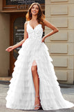 Vestido de novia blanco escalonado con tirantes de espagueti de línea A con abertura