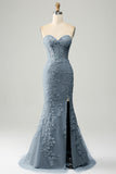 Elegante vestido de fiesta corsé azul gris de sirena con apliques