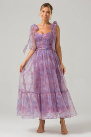 Vestido de fiesta de té estampado plisado de una línea púrpura
