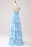 Vestido de dama de honor largo de talla más largo y filetes sin tirantes lila plisados en A-Line