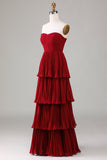 Vestido de dama de honor largo de talla más largo y filetes sin tirantes lila plisados en A-Line