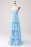 Vestido de dama de honor largo de talla más largo y filetes sin tirantes lila plisados en A-Line