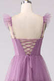 Vestido de fiesta largo plisado plisado de tul púrpura de una línea con abertura