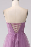 Vestido de fiesta largo plisado plisado de tul púrpura de una línea con abertura