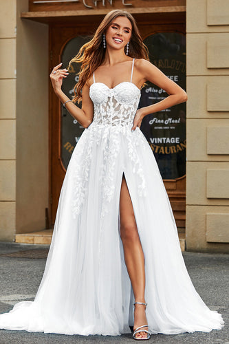 Vestido de novia largo de tul largo con corte Corsé Blanco con abertura