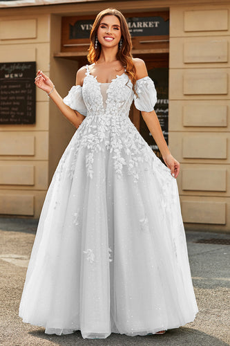 Vestido de novia largo blanco con mangas abullonadas de línea A con apliques