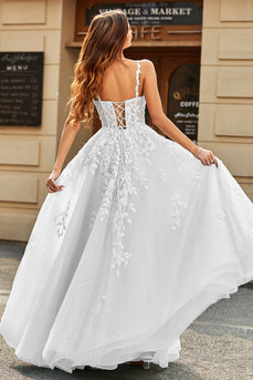 Vestido de novia largo blanco con mangas abullonadas de línea A con apliques
