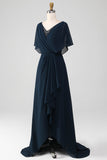 Vestido de madre de la novia de chiffon de talla grande en línea en A azul marino con volantes