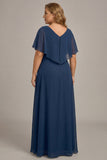 Vestido de madre de la novia de chiffon de talla grande en línea en A azul marino con volantes