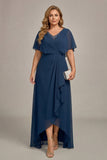 Vestido de madre de la novia de chiffon de talla grande en línea en A azul marino con volantes