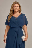 Vestido de madre de la novia de chiffon de talla grande en línea en A azul marino con volantes