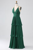 Vestido de dama de honor de gasa escalonada verde oscuro de una línea con plisado