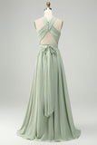 Vestido largo de dama de honor plisado de talla grande con raya Dusty Sage A Line, chiffon,