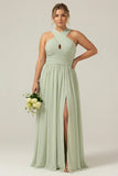 Vestido largo de dama de honor plisado de talla grande con raya Dusty Sage A Line, chiffon,