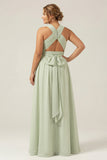 Vestido largo de dama de honor plisado de talla grande con raya Dusty Sage A Line, chiffon,