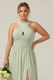 Vestido largo de dama de honor plisado de talla grande con raya Dusty Sage A Line, chiffon,