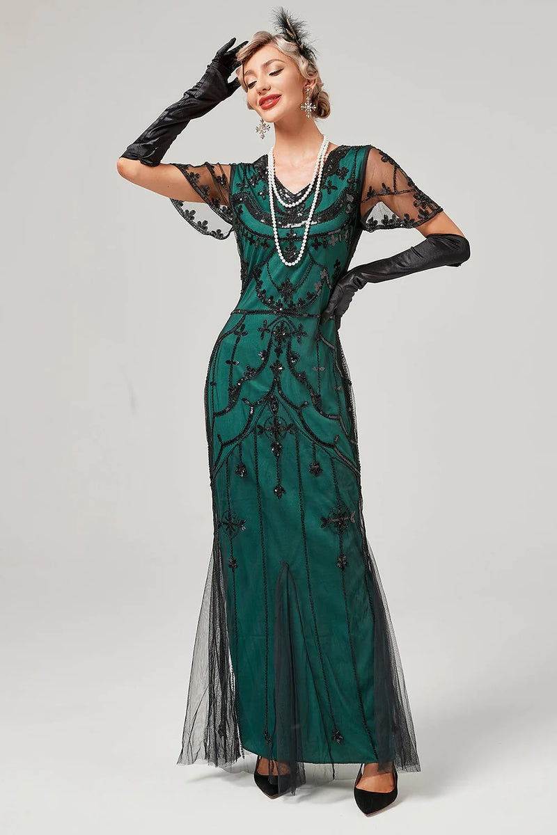 Cargar imagen en el visor de la galería, Lentejuelas Verde Oscuro 1920s Vestido Largo