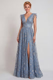 Vestido de Madre de la Novia con línea A y A, Bluazul Aplicado, Escote en V