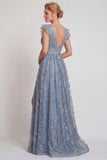 Vestido de Madre de la Novia con línea A y A, Bluazul Aplicado, Escote en V