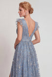Vestido de Madre de la Novia con línea A y A, Bluazul Aplicado, Escote en V