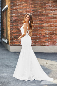Vestido de novia largo de encaje sirena blanco