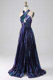 Impresionante vestido de fiesta largo púrpura con cuello halter de línea con ojo de cerradura en la parte delantera
