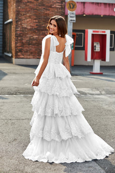 Vestido de novia largo de encaje escalonado blanco de una línea