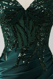 Vestido de fiesta de corsé plisado de lentejuelas de lentejuelas verde oscuro brillante con abertura