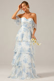 Vestido largo de dama de honor con volantes de gasa boho floral azul blanco