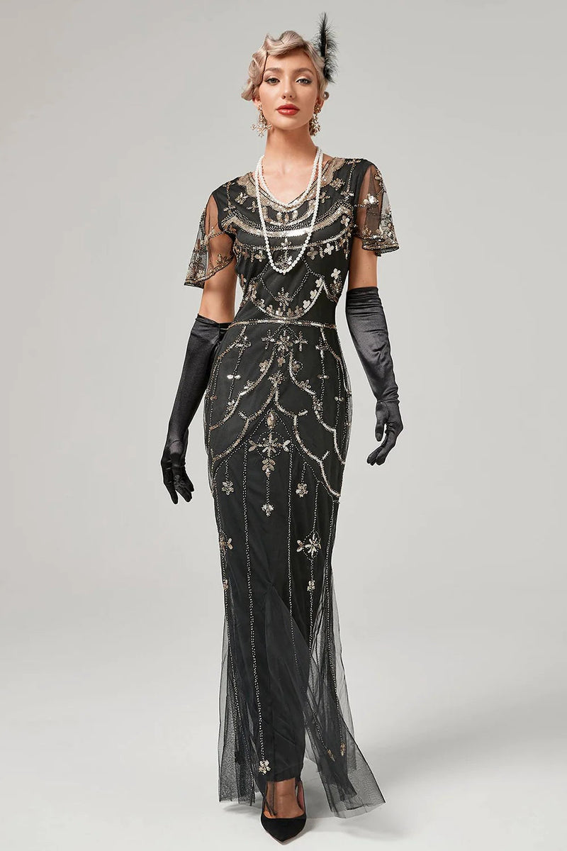 Cargar imagen en el visor de la galería, 1920s Vestido Con Conjunto de Accesorios Negro